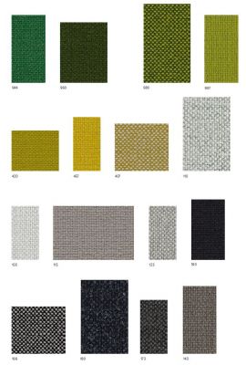 Stoffmusterkarte Hallingdal 65 von Kvadrat mit verschiedenen Farben und Texturen für Möbelstoffe.